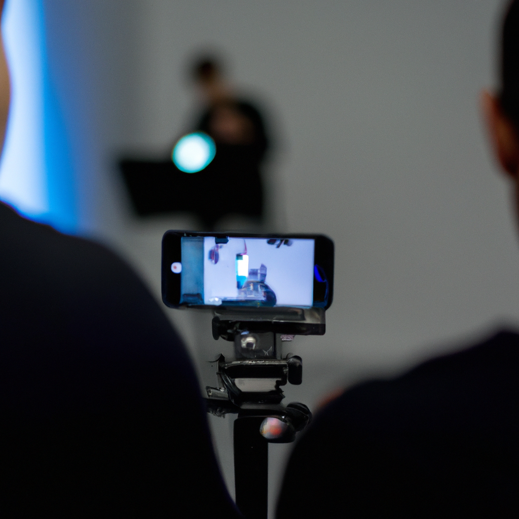 Students collaborating on mobile video editing in a bright studio environment